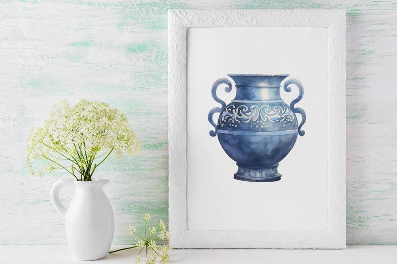 May include: A watercolor painting of a blue and white ceramic vase with a decorative design. The vase is in a white frame and is on a white background.