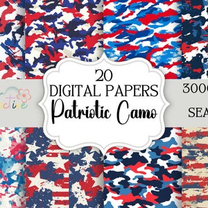 May include: 20 digital papers with patriotic camo patterns in red, white, and blue. The papers are 3000x3000 pixels and seamless.