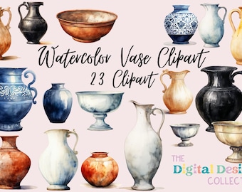 May include: A collection of 23 watercolour clipart images of vases in various styles and colours. The vases are painted in a realistic style and include a variety of shapes and sizes. The clipart is perfect for adding a touch of elegance to any design project.