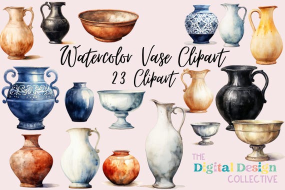 Watercolor Vase Clipart, Pottery Clipart Bundle, Vase Graphics, Potted Plant Clipart, Planter Clipart, Vase Illustration, Greek Vases