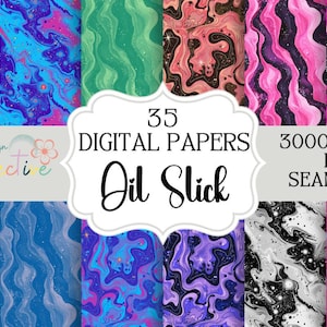 May include: 35 digital papers with an oil slick theme. The papers feature a variety of colors, including black, white, blue, green, pink, and purple. The papers are seamless and 3000x3000 pixels in size.