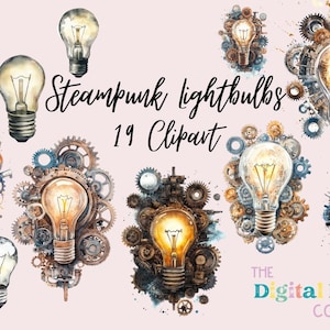 Watercolor Steampunk Light Bulbs PNG Bundle Instant Download Crafting Materials, Printable Digital Paper PNG