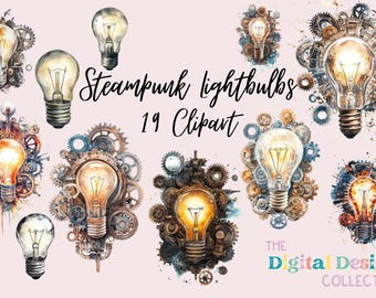 Aquarel steampunk gloeilampen PNG-bundel direct downloaden knutselmaterialen, afdrukbaar digitaal papier, png