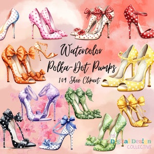 Op de afbeelding: Waterverfillustratie van 109 stippenpumps met strikken. De schoenen zijn in verschillende kleuren, waaronder rood, geel, oranje, groen, paars en zwart. De schoenen zijn allemaal hoge hakken en hebben een spitse neus.