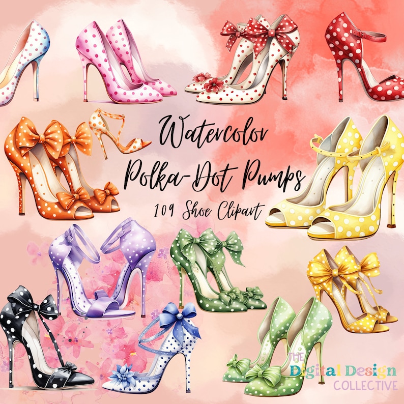 Op de afbeelding: Waterverfillustratie van 109 stippenpumps met strikken. De schoenen zijn in verschillende kleuren, waaronder rood, geel, oranje, groen, paars en zwart. De schoenen zijn allemaal hoge hakken en hebben een spitse neus.