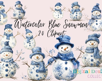 Watercolor Blue Snowman Collection Clipart, 20 PNG Festive Snowman Clipart, Blue Christmas, Cute Snowman Clipart, Commercial Use