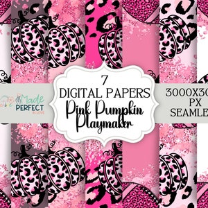 Puede incluir: Siete papeles digitales con estampado de leopardo rosa y negro con calabazas rosas. Los papeles son de 3000 x 3000 píxeles y sin costuras.