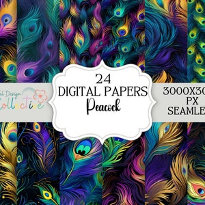 Peacock Feathers Digital Paper, POD Seamless Pattern, Instant Download, Vibrant Backgrounds for Crafts & Design Projects