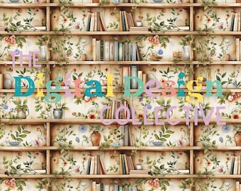 May include: A digital design featuring a bookshelf with books, plants, and floral wallpaper. The text "THE Digital Design COLLECTIVE" is displayed across the image in colorful letters.