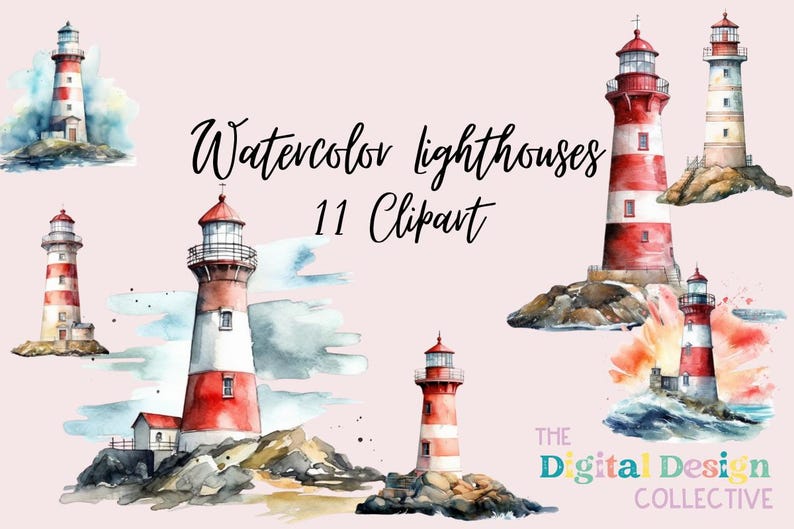 Cursive Lighthouse Watercolor Lighthouses Clipart Bundle Instant Download Crafting ...