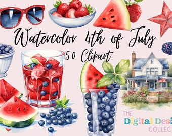 4th of July Clipart - Cute July Fourth Download - Instant Download - Patriotic Clipart - BBQ - Holiday - Fireworks - Watercolor July 4th