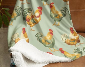 Green Chicken Blanket Farmhouse Throw Hen Rooster Blanket Barnyard Blanket Chicken Spring Flowers Chicken Bedding Country Garden Blanket