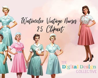 Enfermeras vintage en acuarela, retratos, médicos, atención médica, hospitales, médicos y enfermeras.