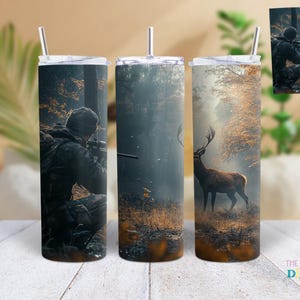 Hunting Wilderness Deer Tumbler Wrap, 20oz Skinny Straight Tumbler with Sublimation Design featuring a Whitetail Buck in the Woods, PNG