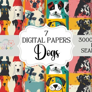 May include: Seven digital papers featuring colorful, seamless patterns of various dog breeds. Each pattern is 3000x3000 pixels.