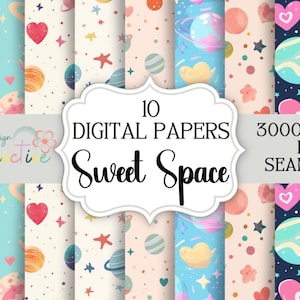 May include: Ten digital papers with a space theme. The papers feature planets, stars, hearts, and other space-themed elements in a variety of colors. The papers are 3000x3000 pixels and seamless.