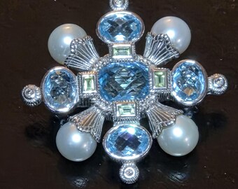 Vintage Estate Judith Ripka 925/Sterling Silver Statement Luxury Maltese Cross White Pearl Blue Topaz Peridot CZ Enhancer/Pendant Pin/Brooch