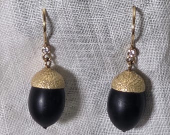 Estate Victorian Style 18k Yellow Gold Diamond Black Coral Acorn Drop Drop Dangle Earrings