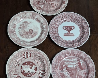Spode Archive Collection Georgian, Greek, Aesop's Fables, Caramanian, Victorian Series Cranberry/Pink/Red Transferware Set of 5 Dinner Plate