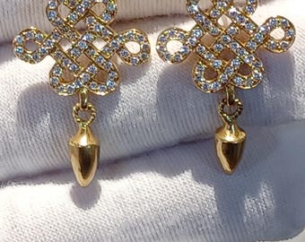 Estate 18k Yellow Gold Diamond Lucky Chinese Celtic Scandinavian Tibetian Endless Love Knot  Drop Shepherd Hook Statement Cocktail Earrings