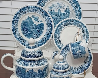 Vintage Villeroy Boch Blue Castle Blue White Transferware Teapot Teacups Saucers Sugar Bowl Dinner Salad Dessert Plates Made in Germany