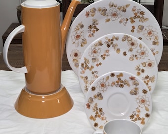 Vintage MCM Mid Century Modern Royal Doulton Fine China TC 1087 Sundance Burnt Orange & Brown Floral Scandi-style Dinnerware Tea/Coffee Set