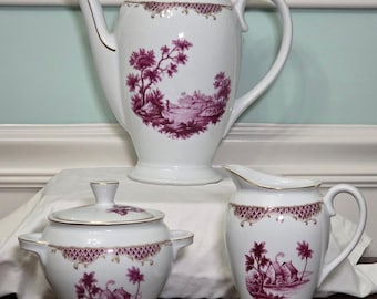 Vintage MCM Garfinckel Dept Store Washington DC Cerabel Belgium Purple Landscape Coffee/Tea Set: Coffee Pot/Teapot Sugar Bowl and Creamer