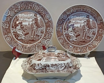 Spode Brown Toile Transferware Georgian Series Woodman Pasta Bowl and Serving Plate/Charger and Italian for Williams-Sonoma Covered Dish