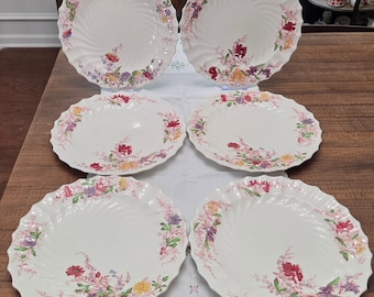Vintage Made in England Transferware Copeland Spode Fairy Dell Scalloped Swirl Multi-Color Floral Flower Sprays Set of 6 Dinner Plates