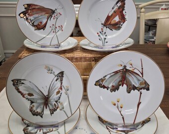 Vintage 1980s Fitz and Floyd Cho Cho Fine Porcelain China Set of 8 Appetizer Salad Dessert Plates - Gold Rimmed Butterfly Dishes