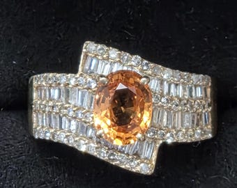 Estate 14k Yellow Gold Mandarin Fanta Orange Spessartite Oval Cut Garnet with Round and Baguette Diamonds Cocktail Statement  Ring Size 8.75