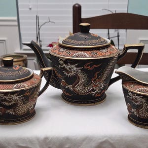 Vintage MCM Hand Painted Japanese Tashiro Toki Kaisha Moriage Black Dragonware Tea Set: Teapot, Sugar Bowl and Creamer