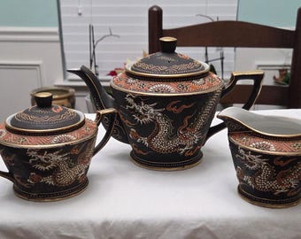 Vintage MCM Hand Painted Japanese Tashiro Toki Kaisha Moriage Black Dragonware Tea Set: Teapot, Sugar Bowl and Creamer