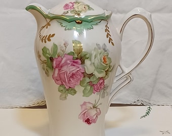 Antique Vintage Cottagecore PS Bavaria Germany Sorau Hand Painted Green Gold Trimmed Floral Roses Bouquet Teapot Coffee Chocolate Pot
