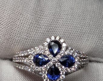 Estate 18k/750 White Gold Diamond Blue Pear Shaped Sapphire Flower Four Leaf Clover Quatrefoil Cocktail Statement Engagement Ring Size 7