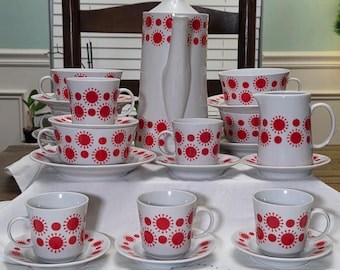 Vintage MCM Alfoldi Hungry Porcelain Corona Sunny Red Polka Dot Pinwheel Espresso Coffee Set: Coffee Pot Demitasse Coffee Cups and Saucers
