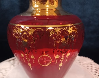 Vintage Jewel Toned Vecchia Murano 24k Gold Gilt Chandelier Design and Trimmed Art Glass Bouquet Vases