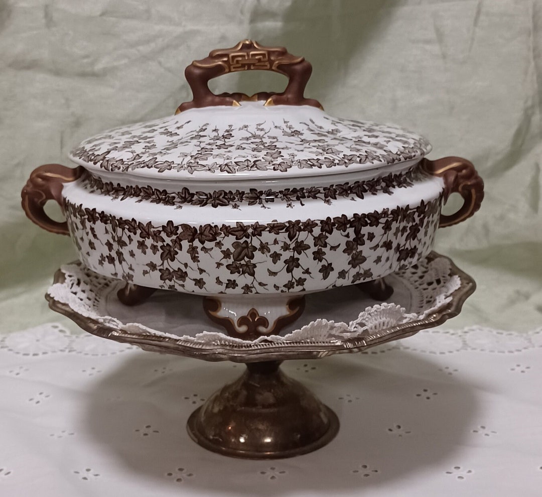 Antique Victorian Era Royal Worcester Brown Ivy Transferware Footed Round Covered Vegetable ...