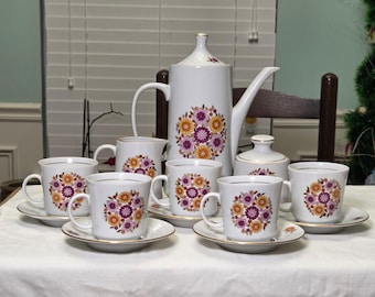 Vintage MCM Alfoldi Hungry Porcelain Floral Espresso Demitasse Coffee Set/Child's Tea Set: Coffee Pot Demitasse Coffee Cups and Saucers