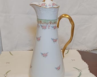 Antique Vintage Cottagecore J Pouyat Limoges J P L France Gold Trimmed Ribbon Floral Rosebud Bouquet Chocolate Pot