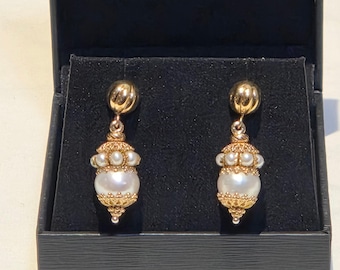 Estate Italy Italian 18K/750 Yellow Gold Etruscan Revival Victorian Style Cap Bead Filigree White Pearl Bridal  Statement Drop Earrings