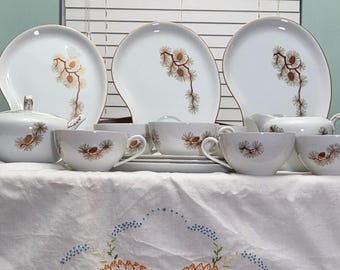 MCM Vintage Japan Fukagawa Arita Handpainted Pine Cone Needles Pattern 904 6 Snack Sets Coupe Snack Tray Teacup Coffee Creamer Sugar Bowl