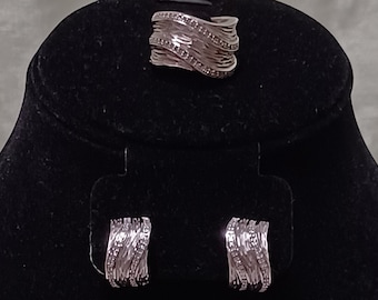 Choice of Estate Vintage Statement BH Effy 925/Sterling Silver Textured/Carved/Grooved Wood Grain Diamond Omega Back Earrings and Size 6Ring