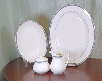 Choice of Royal Doulton Ashley H5181 Gold Trim Teal Band Pink Floral English Fine Bone China Platter Oval Bowl Creamer Sugar Appetizer Plate