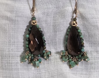 Estate Boho Chic 14K Yellow Gold Briolette Smoky Quartz Topaz Turquoise Bead Drop Earrings
