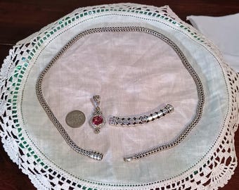 John Hardy 18k Yellow Gold and Sterling Silver Pink Topaz Diamonds Batu Sari Pendant Dot Slide on 18 Inch Classic Wheat Mesh Chain