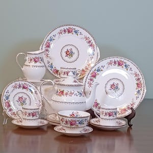 May include: A vintage floral tea set with a teapot, creamer, sugar bowl, cups, saucers, and plates. The set features a delicate floral pattern in shades of pink, blue, and yellow.