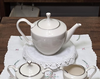 Vintage Lenox Montclair Ivory Porcelain Tea Set - Teapot, Sugar Bowl, Creamer - Platinum Trim