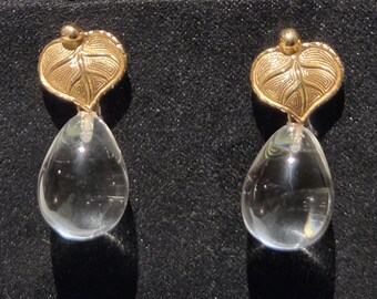 Vintage Estate 14K/585 Yellow Gold Victorian Style Poetic Spring Leaf Dew/Rain Drop Rock Crystal Quartz  Bead Bridal Statement Drop Earrings