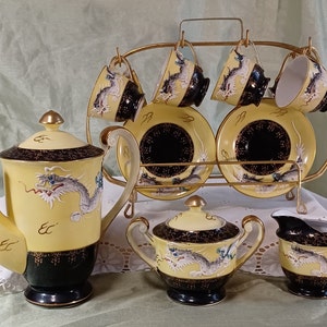 Thames Hand Painted Japanese 17 Piece Moriage Yellow Dragonware Tea Set with Caddy: Teapot, Sugar Bowl, Creamer, Cups and Saucers